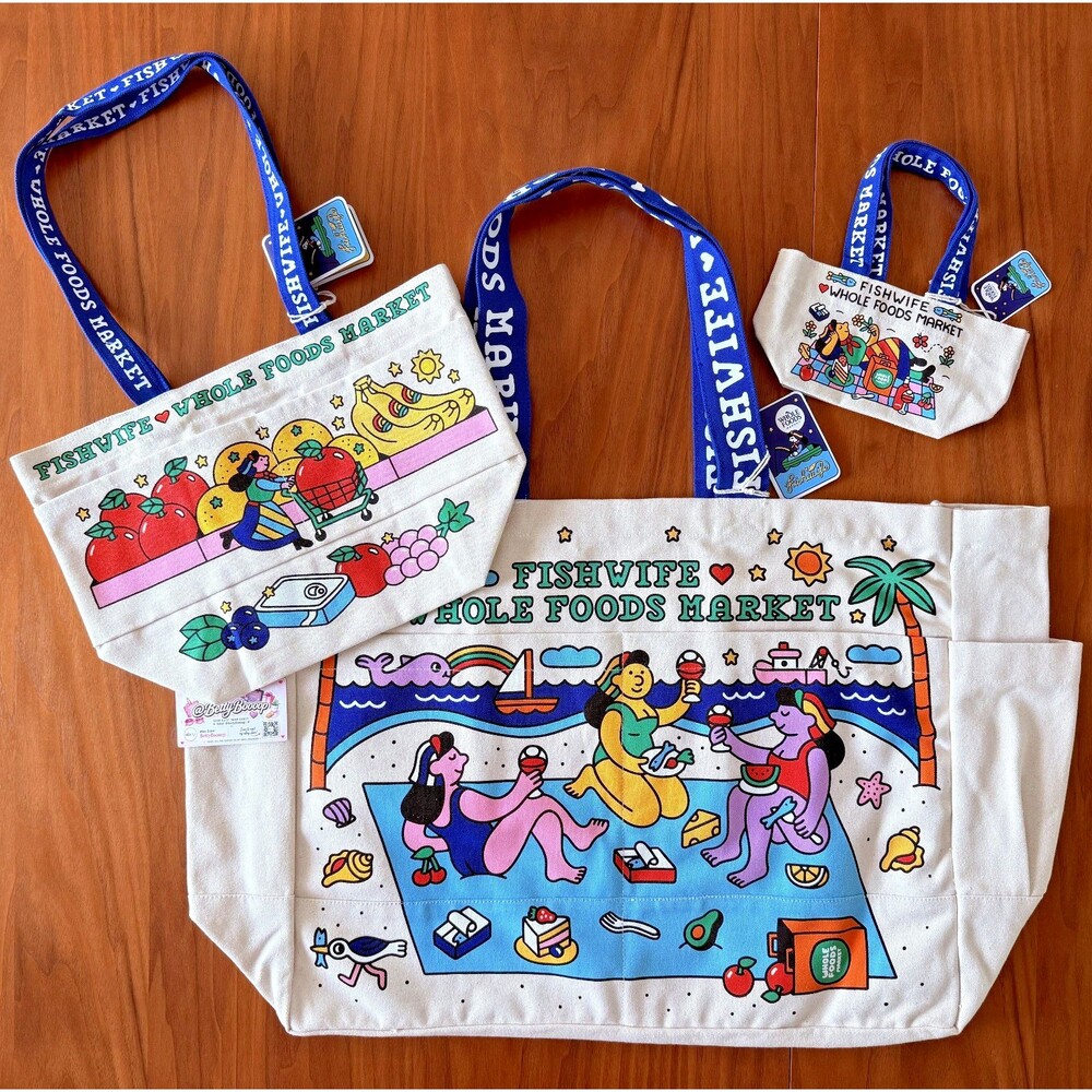 Whole Foods x Fishwife Tote Bags (Set of 3) Limited Edition NEW WITH TAGS